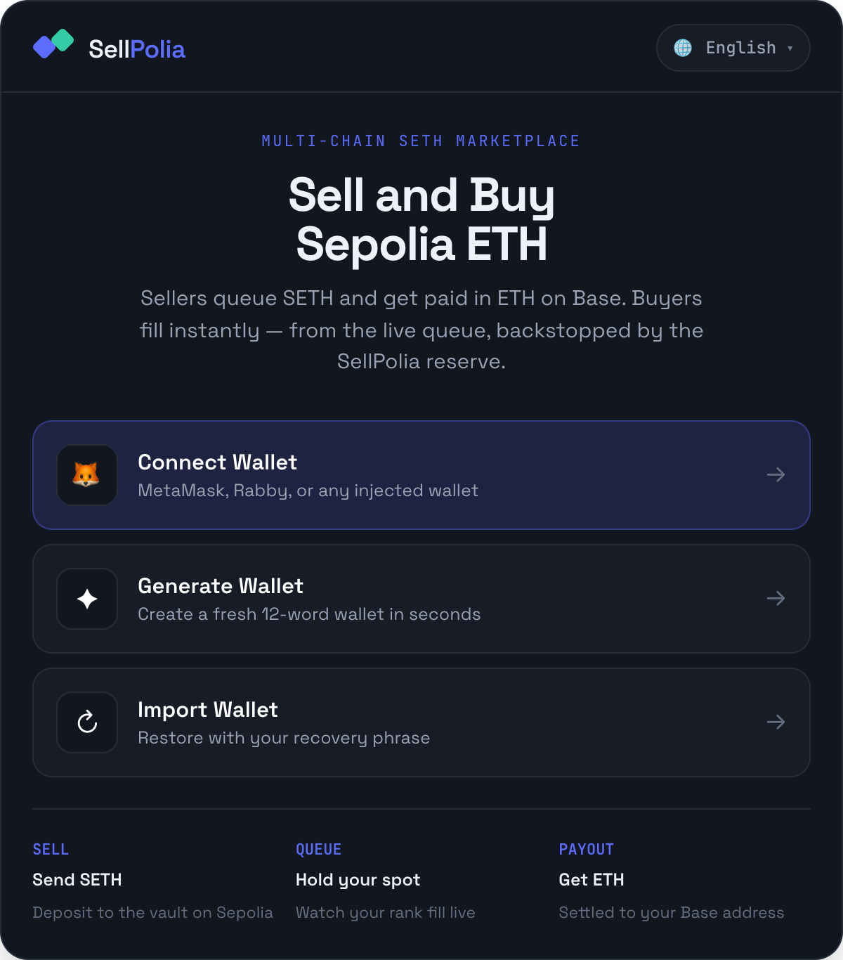 Wallet onboarding: Connect, Generate, Import