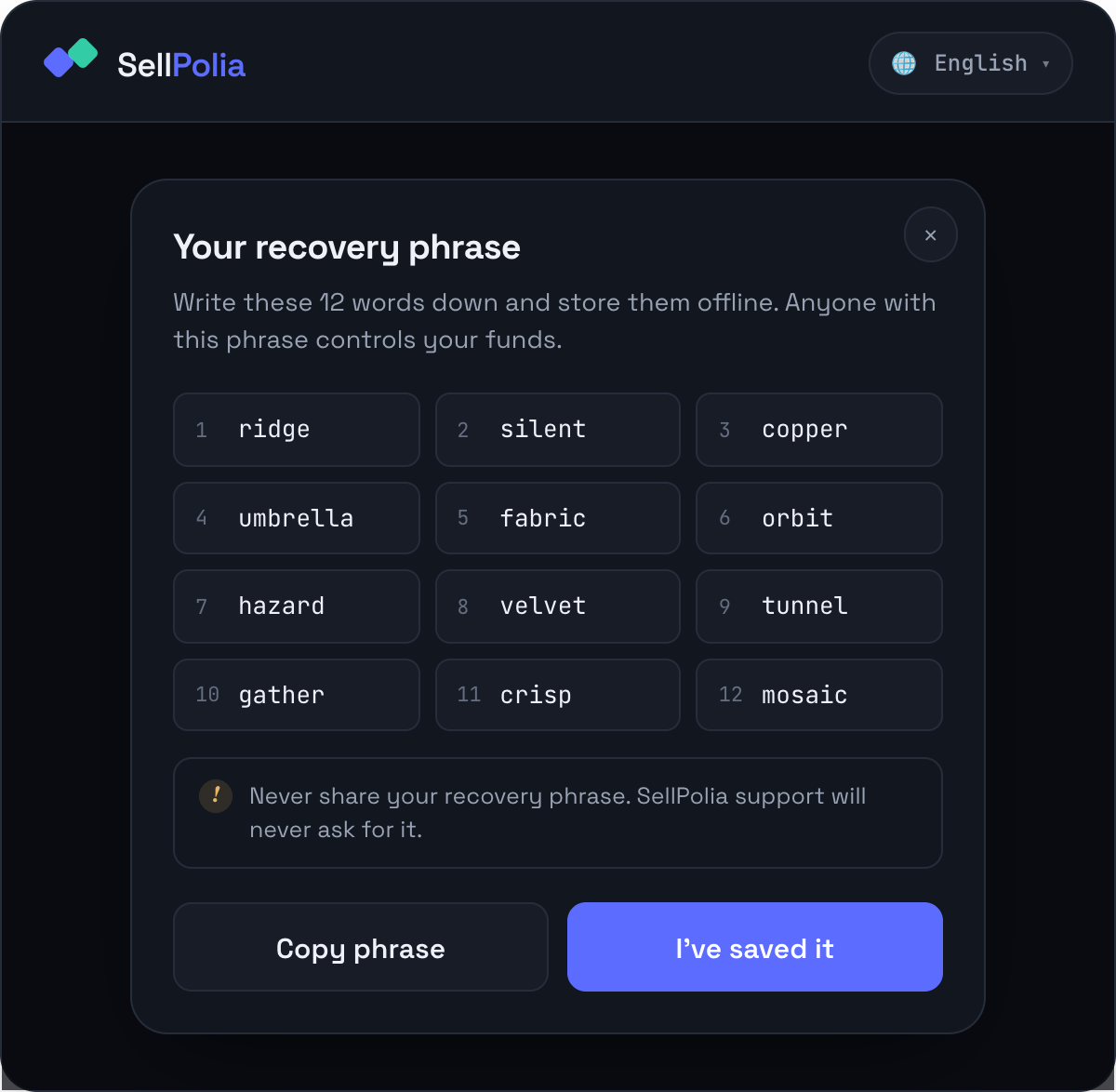 Recovery phrase modal