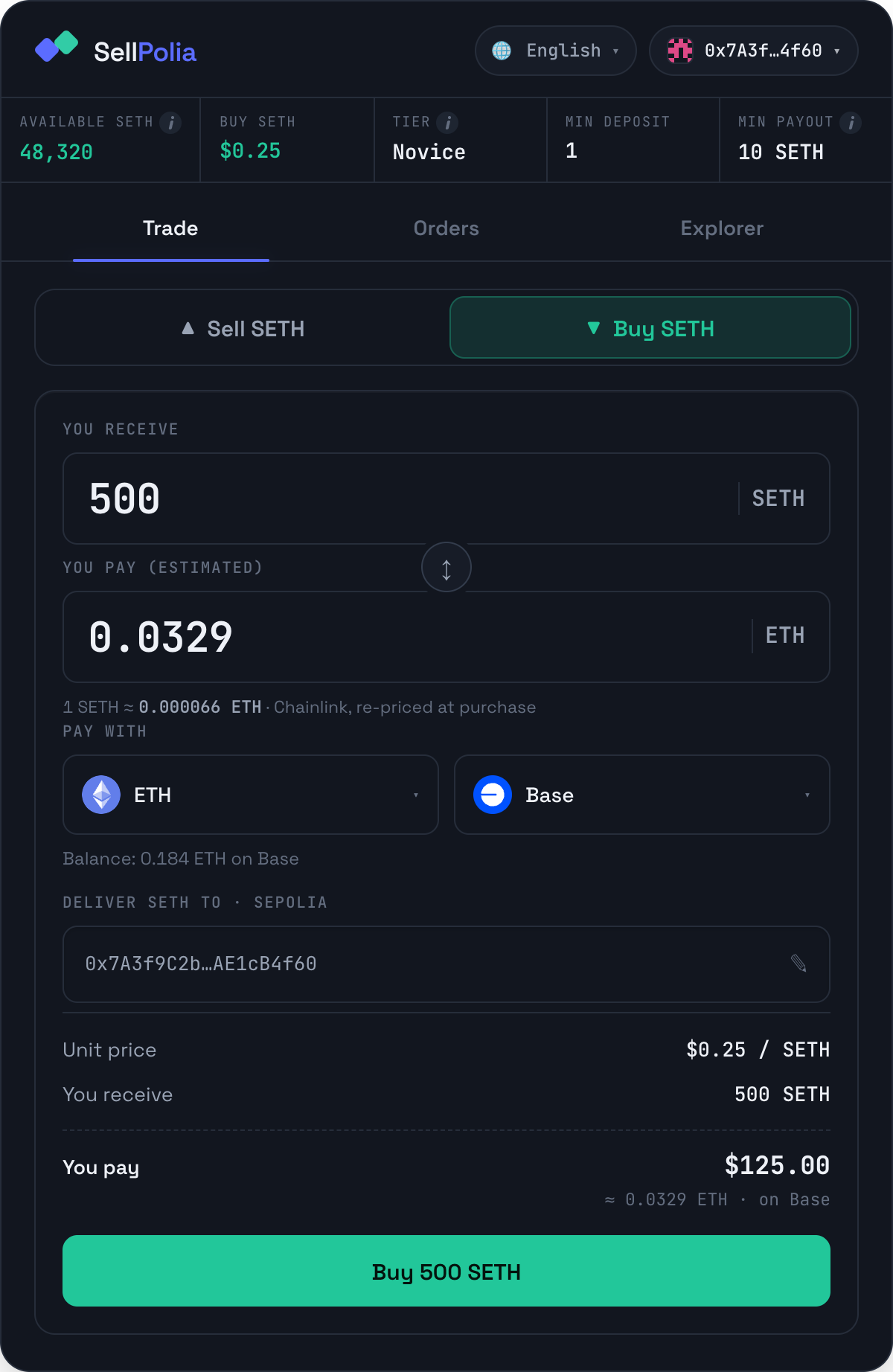 Buy panel with 500 SETH entered