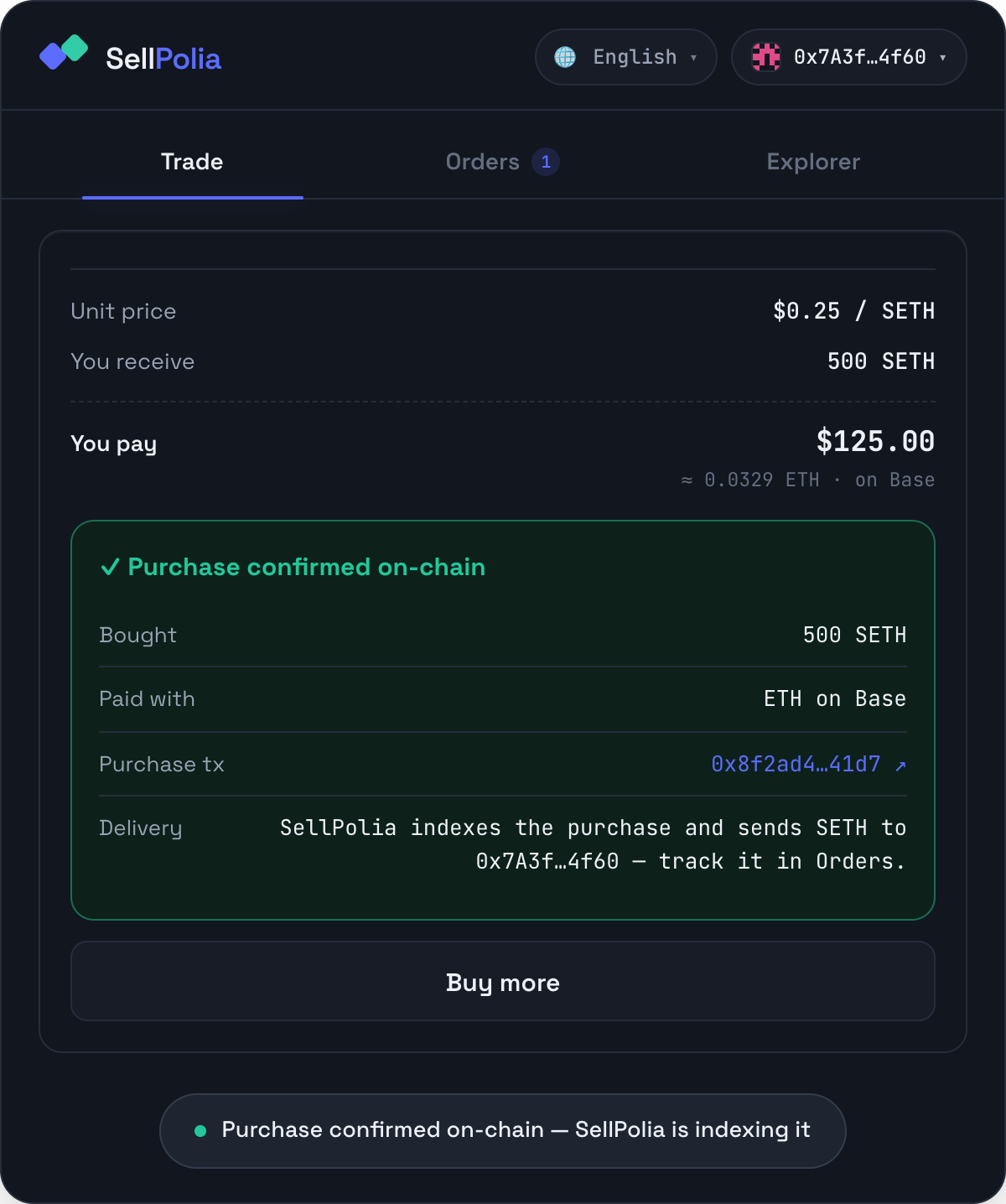 Purchase confirmed on-chain