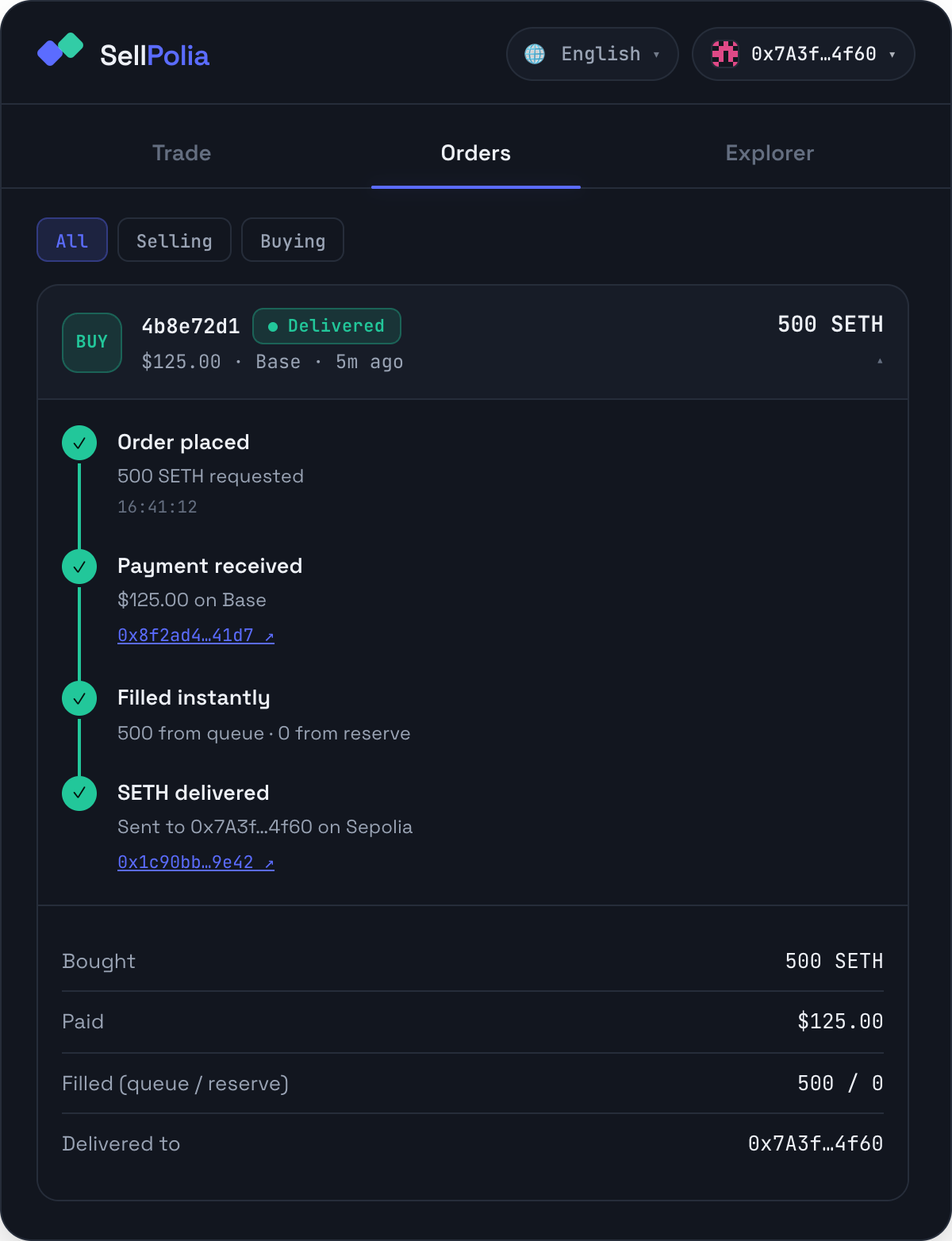 Buy order expanded with its delivery timeline