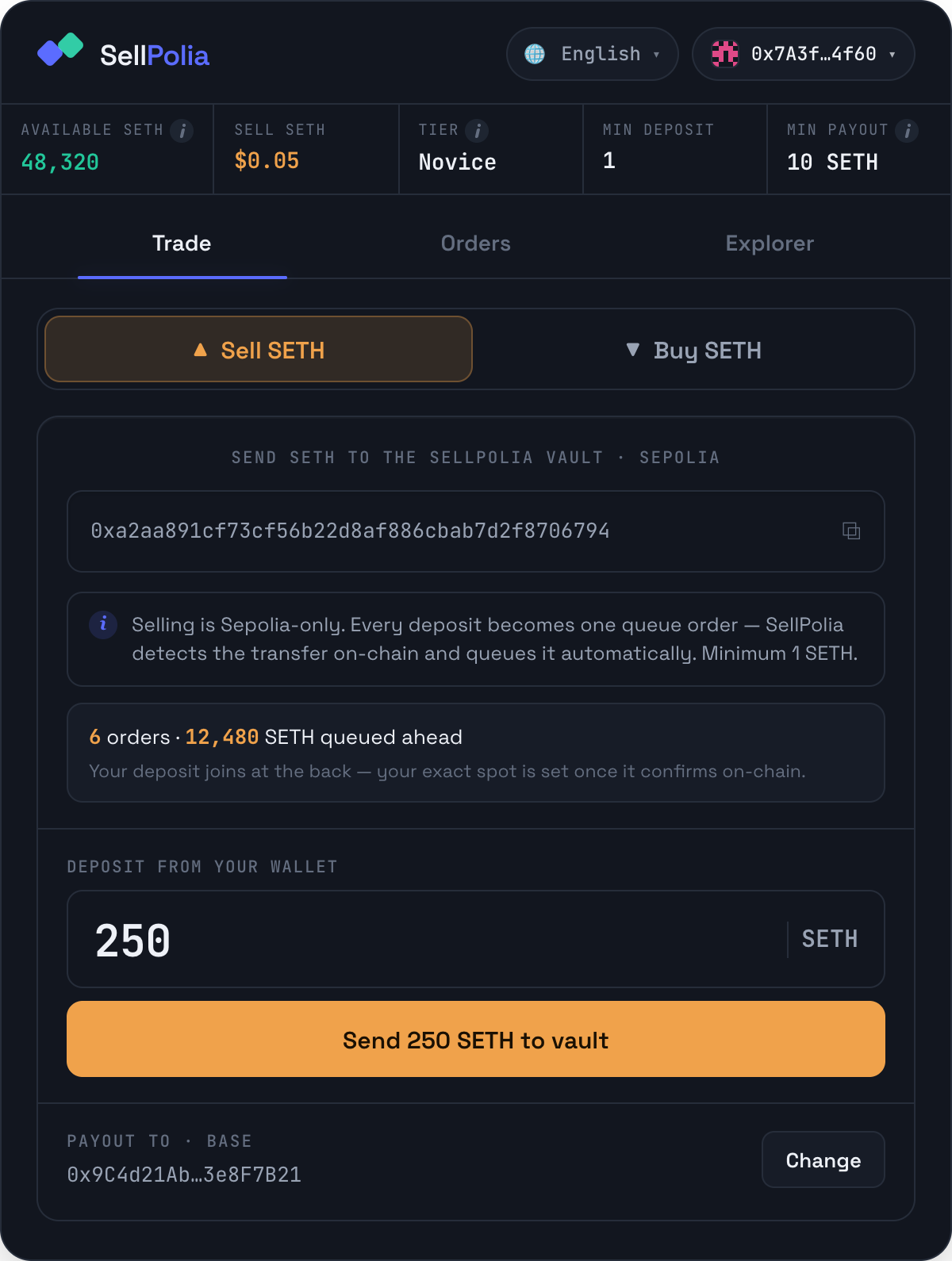 Sell deposit panel